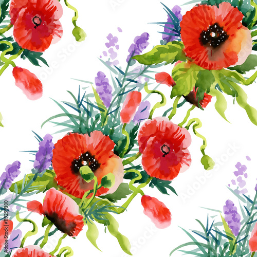 Beautiful Watercolor Summer Garden Blooming Flowers Seamless Pattern.