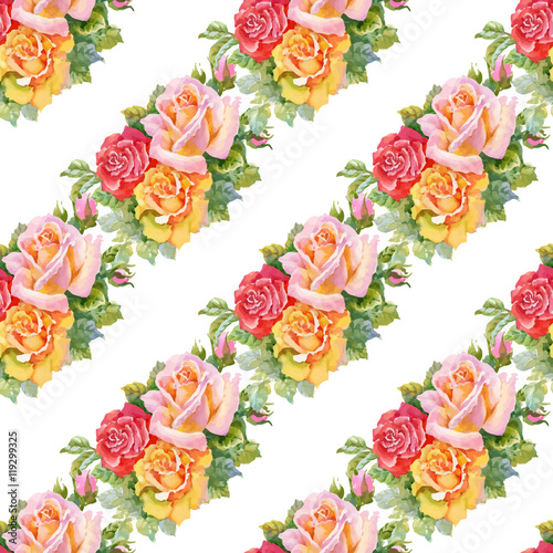 Beautiful Watercolor Summer Garden Blooming Flowers Seamless Pattern.