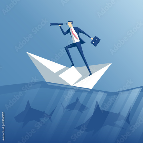 businessman with a spyglass on a paper boat floating in the sea with sharks, business concept risk and search for opportunities