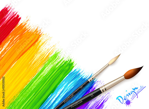 Acrylic painted rainbow background with brushes