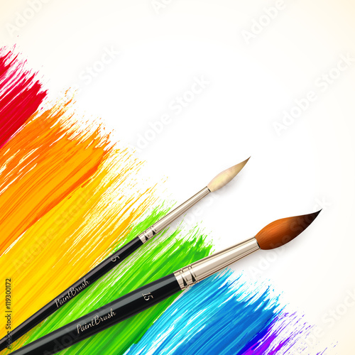 Acrylic painted rainbow background with brushes