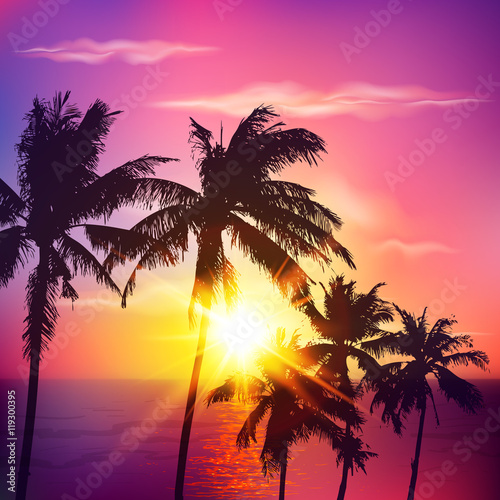 Fototapeta Naklejka Na Ścianę i Meble -  Palm silhouettes on summer sunset