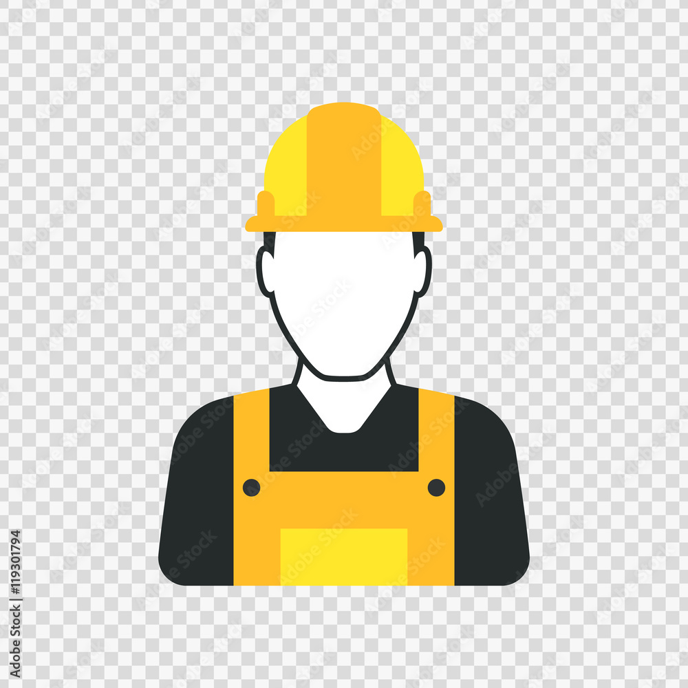 Workman with helmet, person icon, man in worksuit symbol