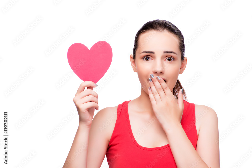 Young woman with heart shaped isolated on white Young woman with heart shaped isolated on white