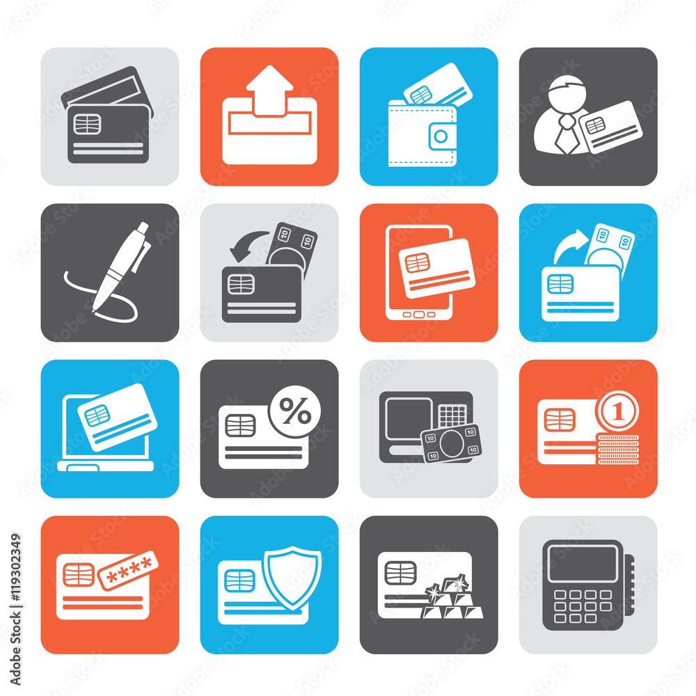 Silhouette credit card, POS terminal and ATM icons - vector icon set