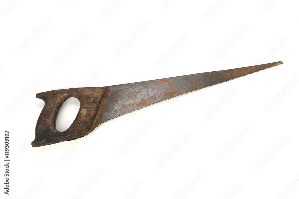 retro rusty hand saw tool isolated on white background retro rusty hand saw tool isolated on white background