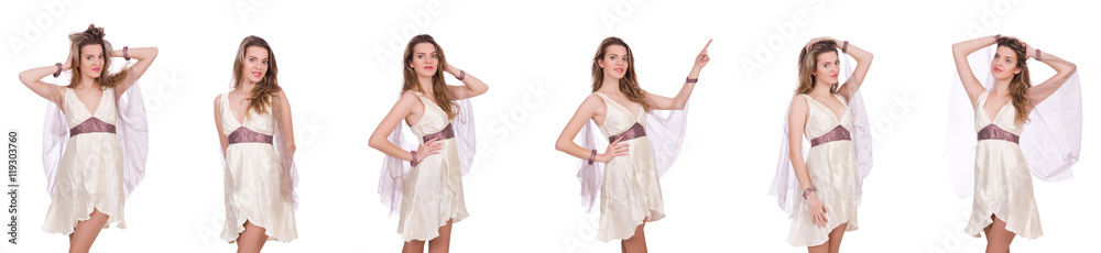 Pretty lady in light charming dress isolated on white Pretty lady in light charming dress isolated on white