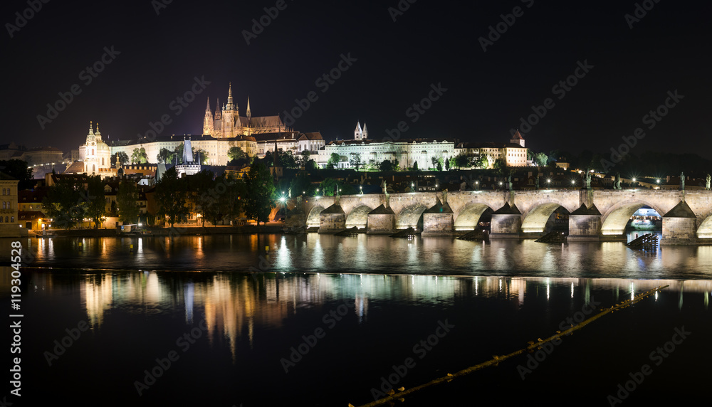 Panoramic View of Prague Castle, Charles Bridge and St Vitus Cathedral at night