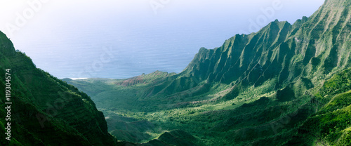 Panorama of the jagged cliffs in Kalalau Valley on the Na Pali Coast, Kauai, Hawaii photo