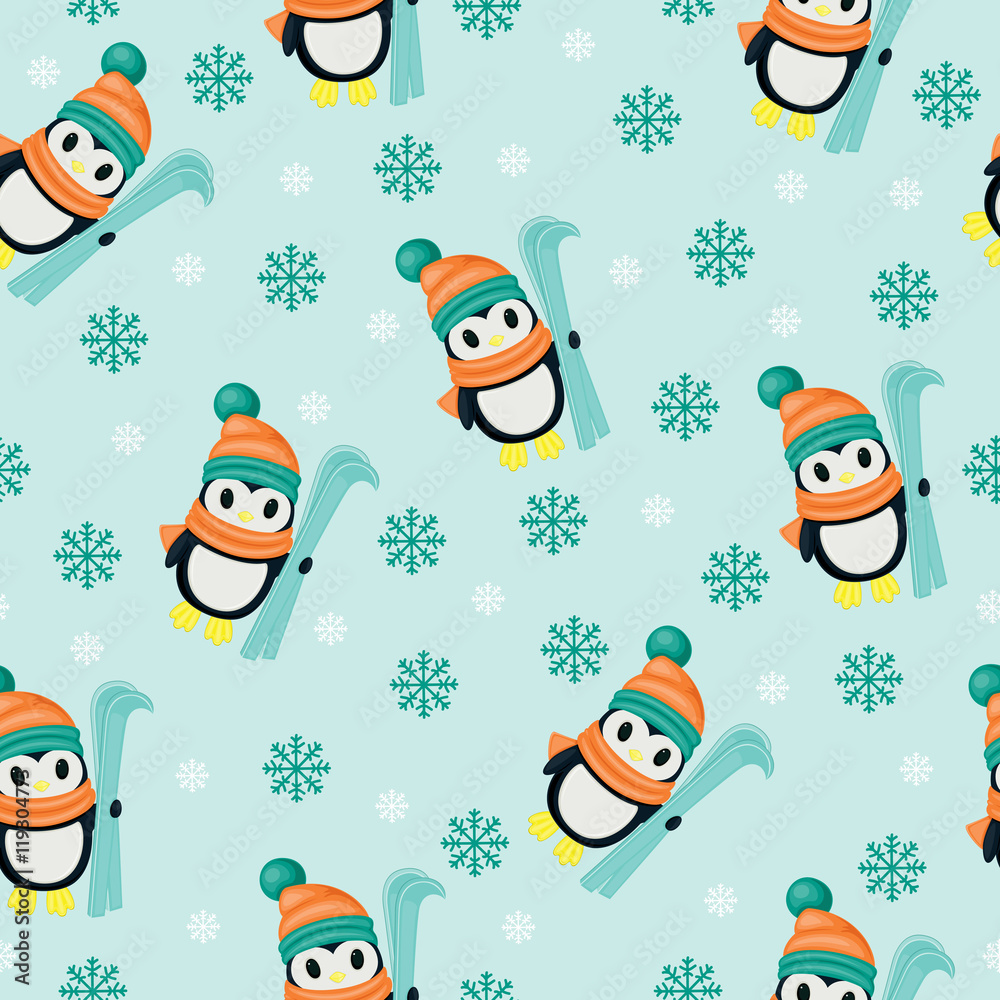 Naklejka premium Winter seamless wallpaper with penguins