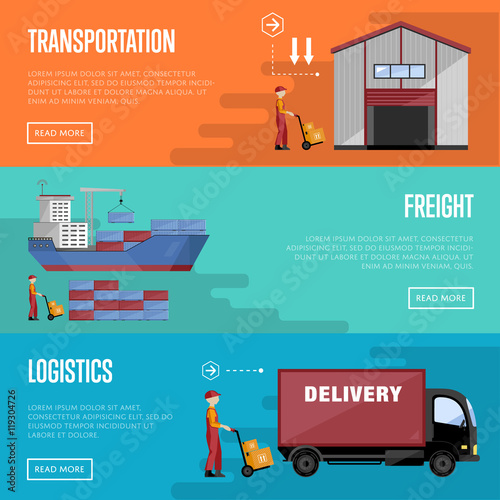 Sea port design concept set with container cargo and shipment flat design vector illustration. Cargo ship. Logistics and transportation infographic elements.