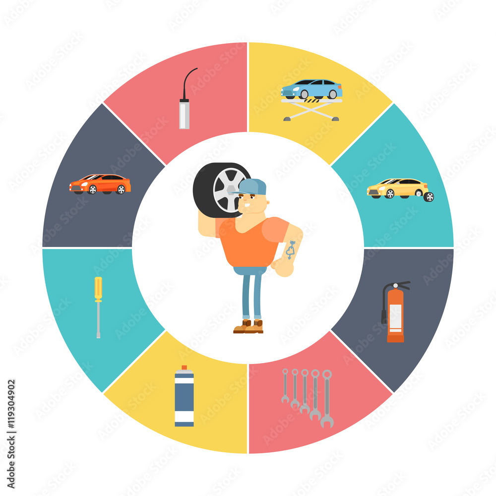 Car repair service infographics icons concept flat vector illustration Car repair service infographics icons concept flat vector illustration