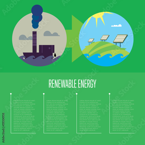 Vector illustration of evolution from industrial pollution to clean energy. Greening of the world. Green ecology infographics template with space for text. Traditional and alternative resources.