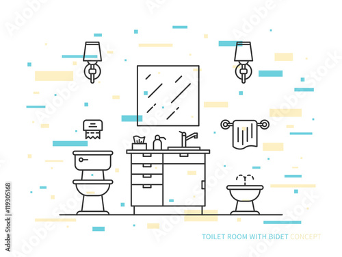 Bathroom vector line art illustration. Line graphic design of bathroom (modern house, apartment, hotel). Creative concept of interior design of bathroom with lights, lavatory pan, bidet and mirror.