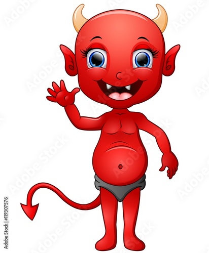 Red devil cartoon waving hand