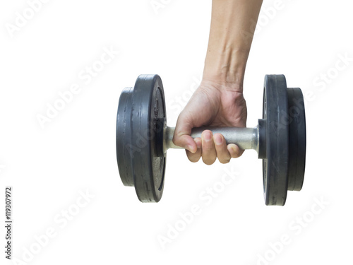 Closeup of a young athlete man lifting weights at sport club,Isolated on white background with Clipping path