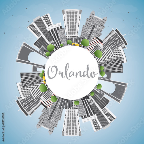 Orlando Skyline with Gray Buildings  Blue Sky and Copy Space.