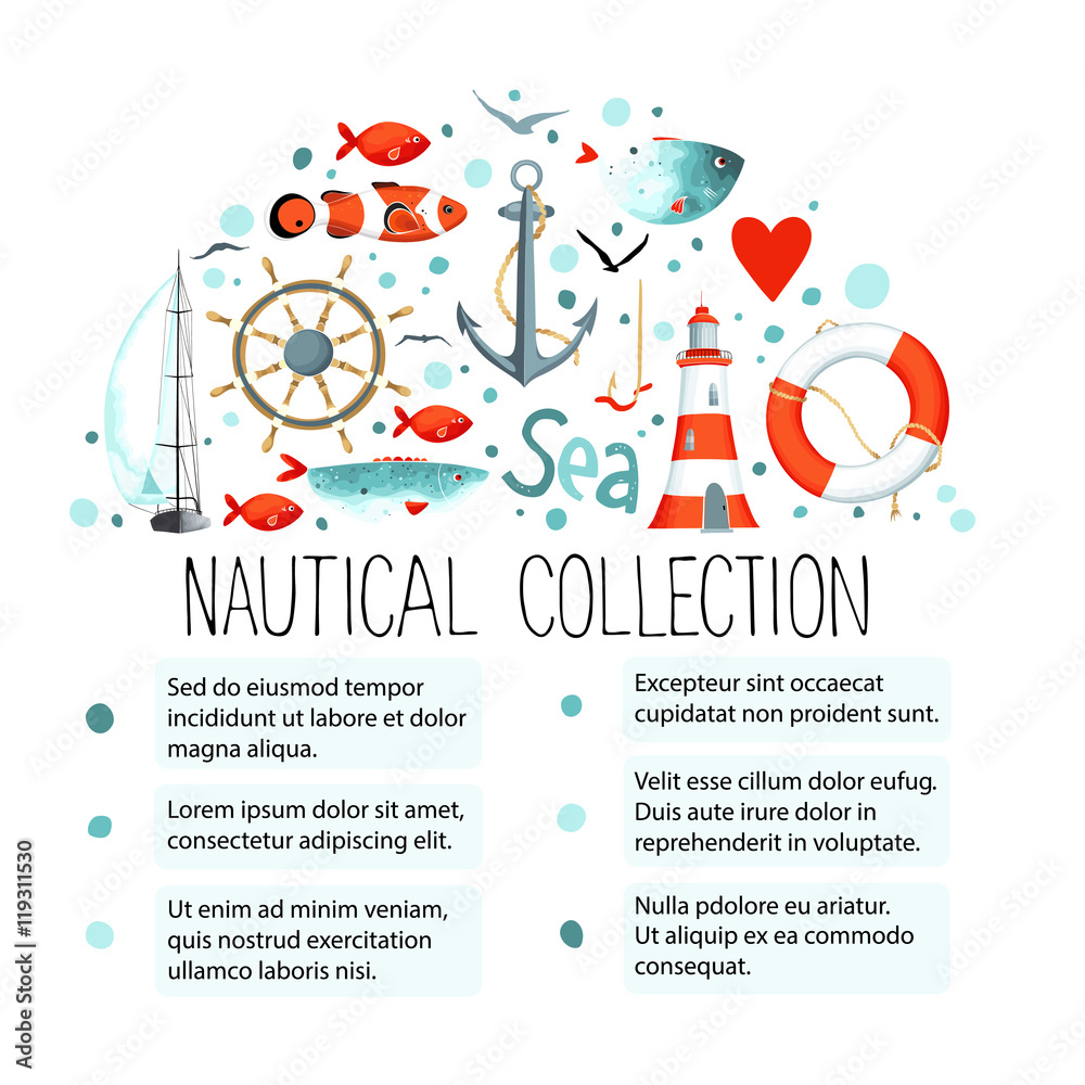 Collection of nautical elements in a semicircle - obrazy, fototapety, plakaty 