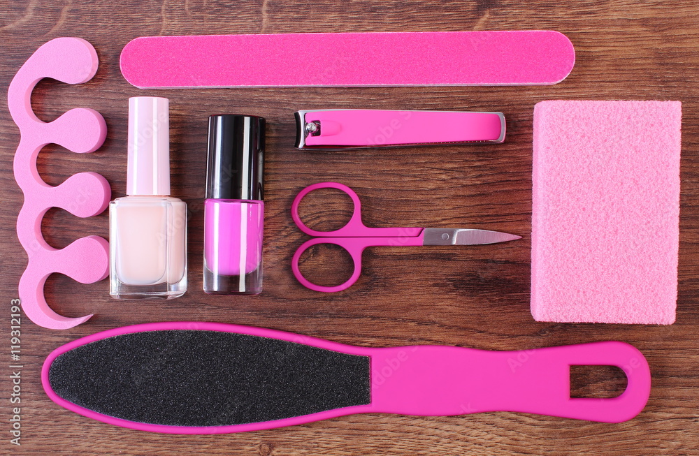 Naklejka premium Cosmetics and accessories for manicure or pedicure, concept of foot, hand and nail care