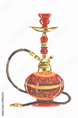 Watercolor colorful hookah. Eastern exotic smoking pipe with turkish ornament. Beautiful art for decoration.