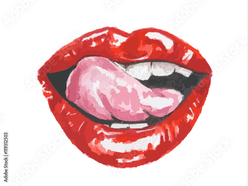 Isolated watercolor lips. Sexy and glamour red lips. Make up and fashion. Lips with tongue,