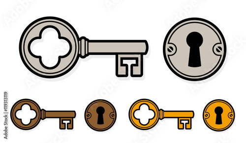 Vintage style cartoon key with lock