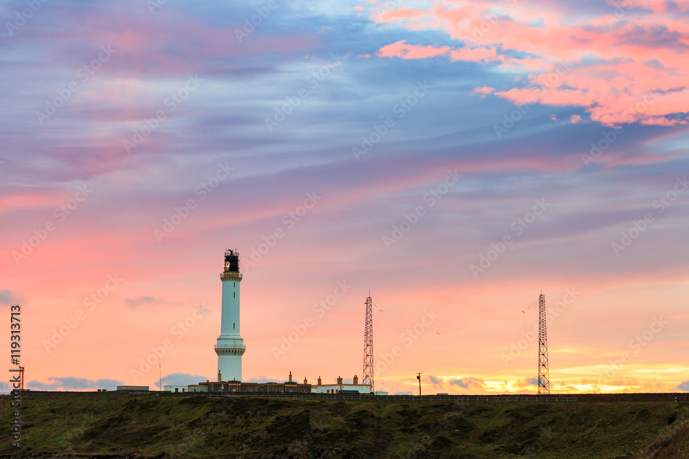 Girdle Ness lighthouse During Sunrise in Aberdeen, Scotland UK