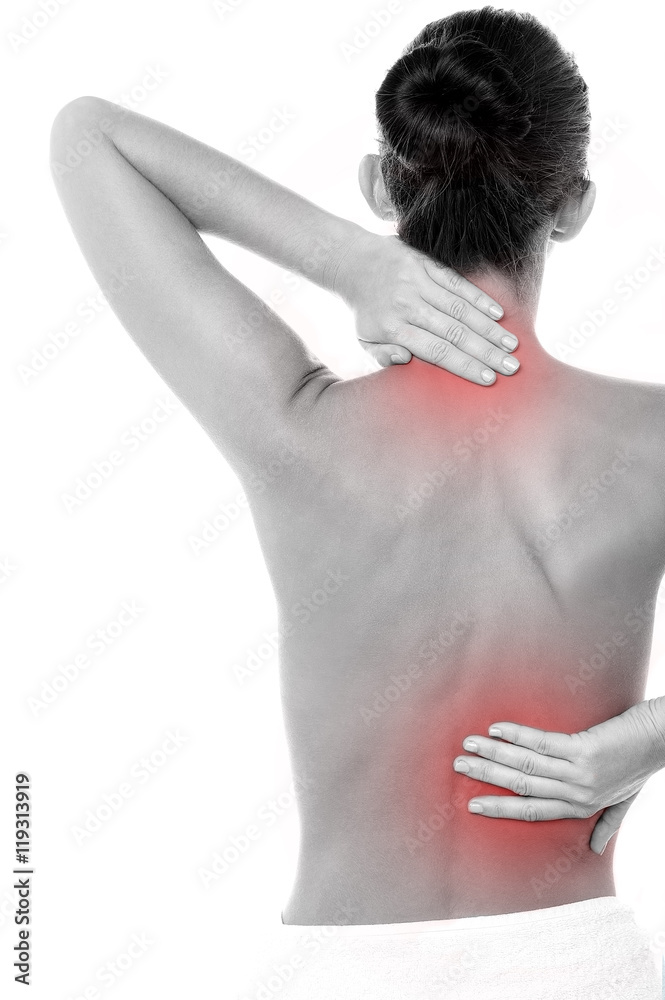 Rear view of painful lady - indicated with red spot. Rear view of painful lady - indicated with red spot.