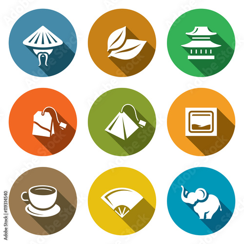 Vector Set of Tea Icons. China, Leaf, Temple, Teabag, Cup, Ceremony, Elephant