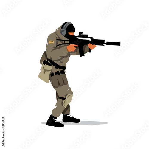 Vector Tactical shooting warrior Cartoon Illustration.