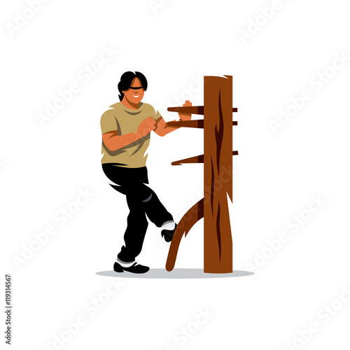 Vector Wing Chun kung fu Man at a wooden dummy. Cartoon Illustration.