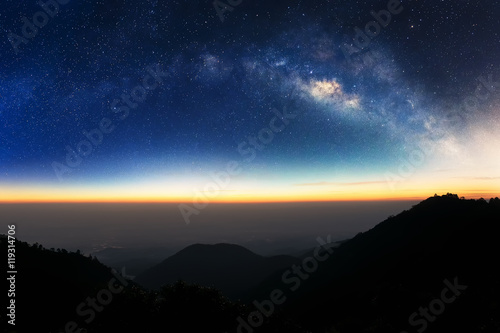 Landscape Milky Way on the night sky.Mountain at night with bright light of the stars across the sky, and dark enough to see the Milky Way galaxy.
