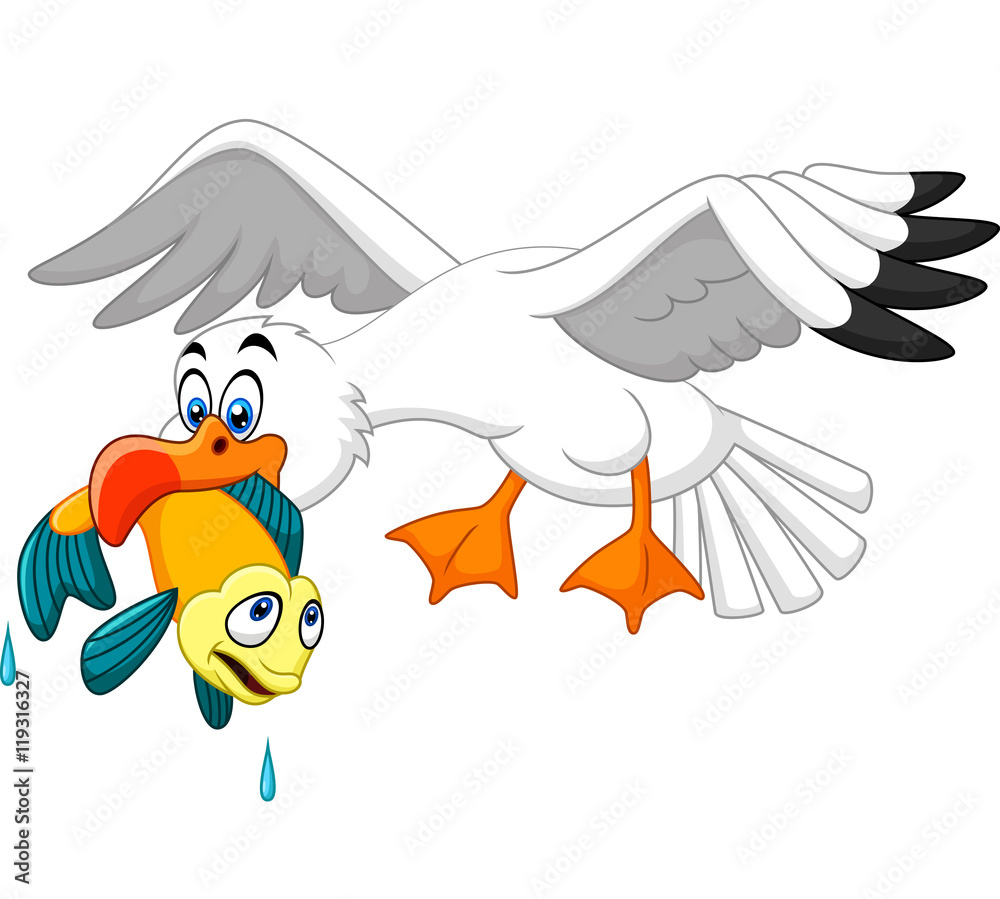 Obraz premium Cartoon seagull eating fish 