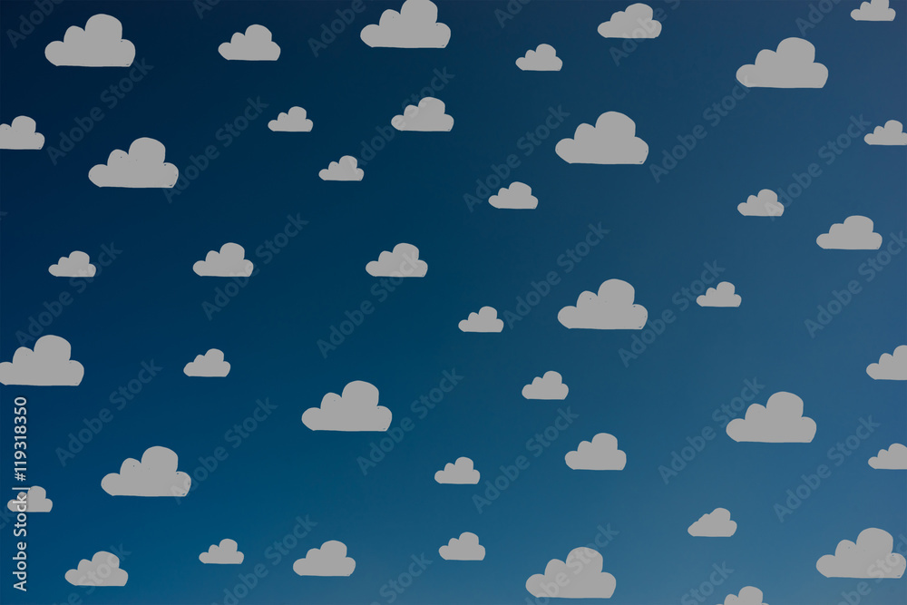 Obraz premium Hand drawn grey clouds pattern on dark blue sky 