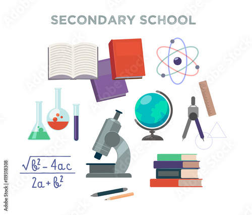 Secondary school supplies. Vector isolated objects.