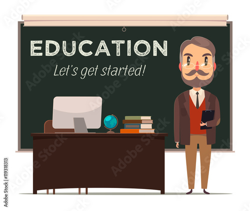 Teacher in front of chalkboard. Education background. Vector.