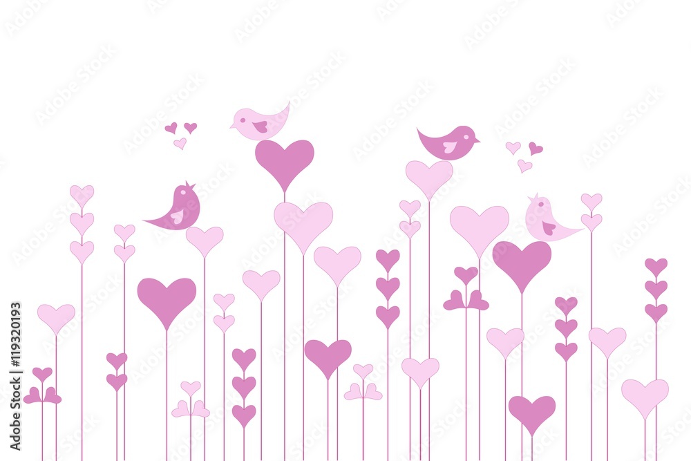 Abstract pink heart garden with lovebirds on white, vector illustration