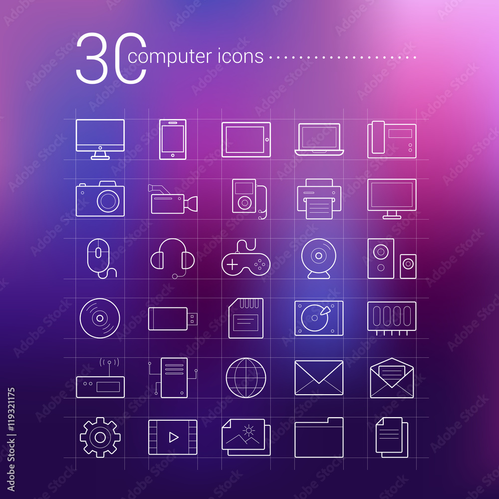 Set of 30 vector outline computer icons on a blur purple background