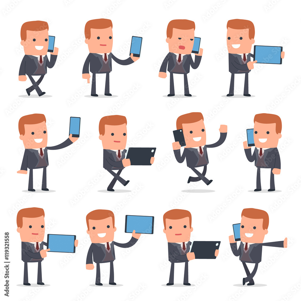 Set of Smart and Funny Character Rich man holding mobile phone