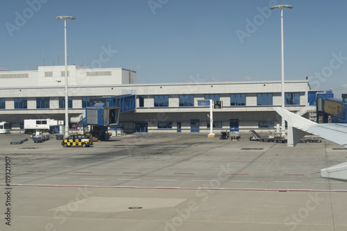 Athens, Greece - August 15 2016: Athens airport loading bridge at main terminal. Athens International Airport Eleftherios Venizelos passenger boarding bridge (PBB) at Area B.