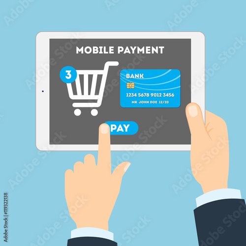 Mobile payment concept. Easy transaction with mobile banking. Credit card in tablet. Payment through internet. Online shopping. Shopping cart.