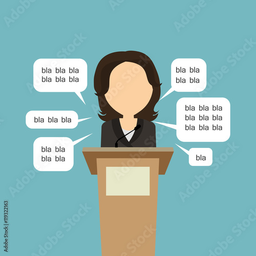 Blah blah politician. Concept of lie on debates or president election. Blank template face with speech bubbles. Woman speaker.
