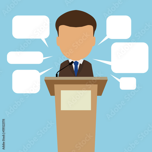 Male speaker with speech bubbles. Concept of debates, seminar or election. Politician speaker with podium.