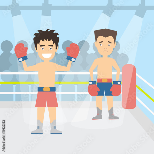 Men at the ring. Two boxers at the boxing ring. Winner and looser. Boxers in red gloves. Concept of winning, leadership and hard work.