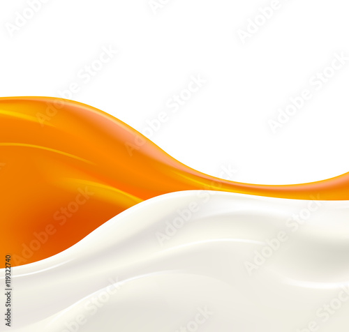 Milk wave with orange jam or syrup on white background. Fresh delicious yogurt splash vector illustration