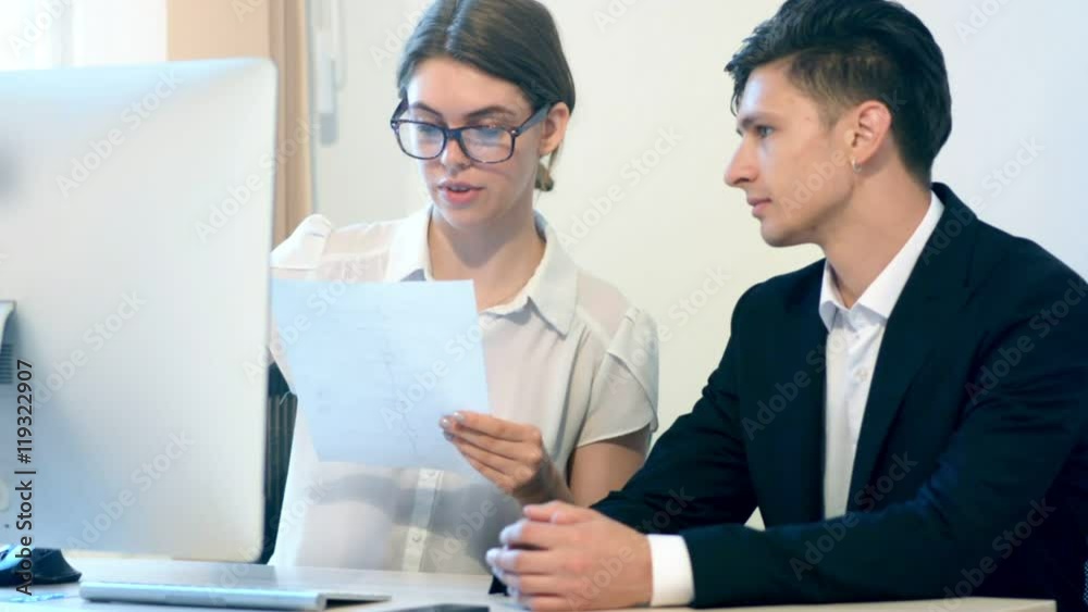 Work process of business woman and teammate businessman Work process of business woman and teammate businessman