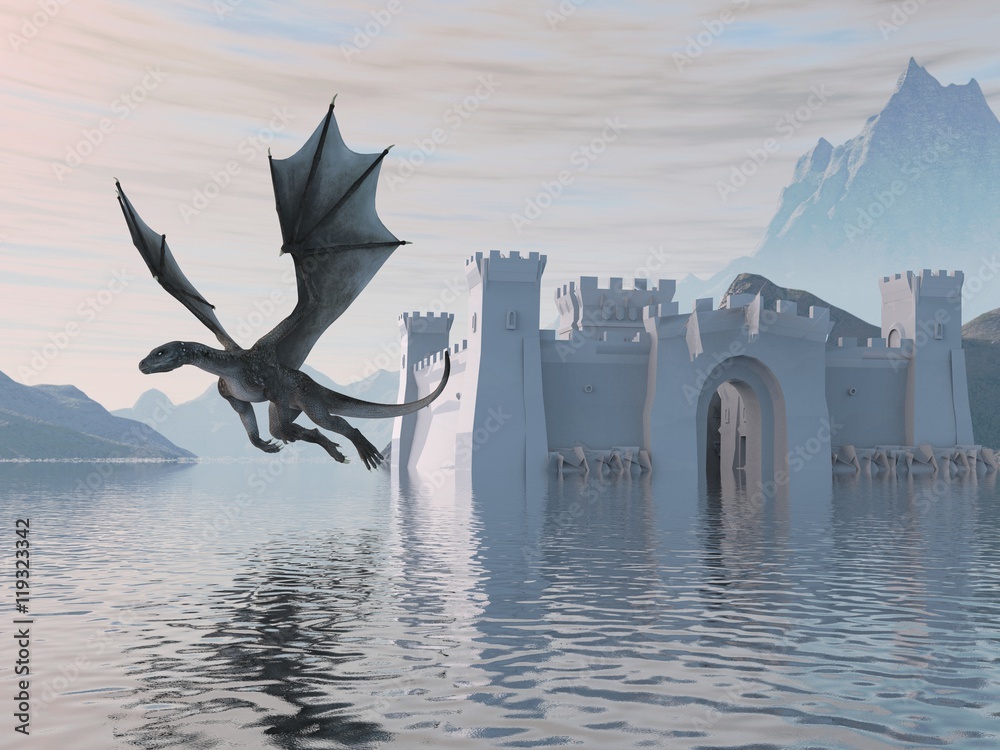 Obraz premium 3D Ilustracja Zamek Na Wodzie I Smoka