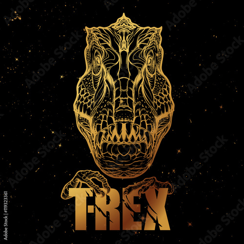 Tyrannosaurus roaring head with t-rex sign. Golden on black.