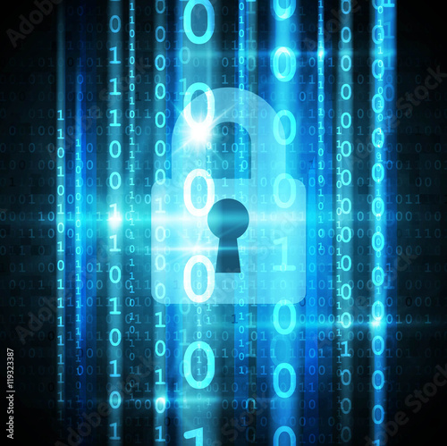 Cyber security concept. Padlock with keyhole and matrix streaming. Vector