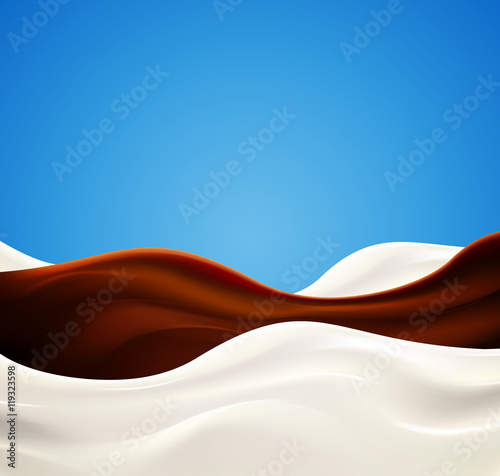 Milk wave with chocolate syrup on white background. Fresh delicious yogurt splash vector illustration 